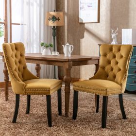 Set of 2, Nikki Collection Gold Velvet Upholstered Dining Chairs, Button Tufted with Wood Legs and Nailhead Trim