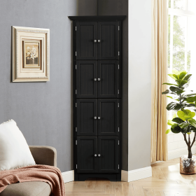 Tall Black Corner Storage Cabinet with 8 Doors and 4 Shelves