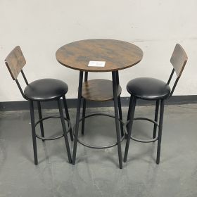 Rustic Brown 3 Piece Round Bar Stool Set, 1 Table with Shelf and 2 PU Leather Stools with Backrest