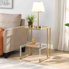 Gold & Acrylic 2 Tier Glass End Table with Open Bottom Shelf and L Shaped Frame