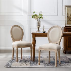 Set of 2, French Style Solid Wood Frame Dining Chairs with Cream Linen Fabric and Oval Backrest
