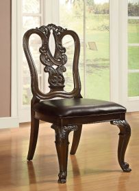 Set of 2 Cherry Brown Armless Side Chairs with Intricate Back Design, Detailed Carvings and Leatherette Padded Seats