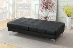 Black Bonded Leather Extra Large Ottoman with Cube Pattern Design and Silver Metal Legs