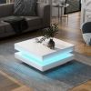 High Gloss Minimalist Design White Square Coffee Table with 2 Tiers and Built-In LED Lights