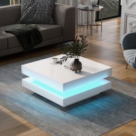 High Gloss Minimalist Design White Square Coffee Table with 2 Tiers and Built-In LED Lights