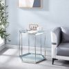 Modern Octagon Shaped Stainless Steel End Table with Silver Finish and Transparent Glass Top & Bottom Shelf