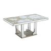 71” Large Rectangular Mirrored Dining Table with Elegant Floral Design and Silver Finish