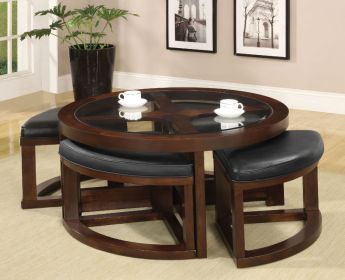 Dark Walnut Coffee Table Set with 4 Ottoman Chairs, Beveled Glass Insert Top and Nesting Design