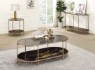 Fiorella Black & Gold Marble Print Coffee Table with Tempered Glass, Champagne Finish and Oval Shape