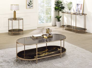 Fiorella Black & Gold Marble Print Coffee Table with Tempered Glass, Champagne Finish and Oval Shape