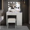 White Vanity Set with Adjustable Lighted Mirror, 3 Storage Shelves, 1 Drawer, 1 Cabinet, Cushioned Stool Seat and Metal Frame