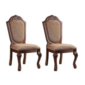 Set of 2, Beige and Cherry Armless Side Chairs with Floral Motif Design and Queen Anne Legs