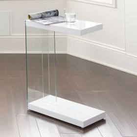 Elaina Glossy White Finish Side End Table with Tempered Glass