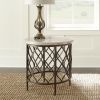Roland End Table with Stone Top, Designer Fretwork Base, Natural Hue, Veining Variations and Bronze Base