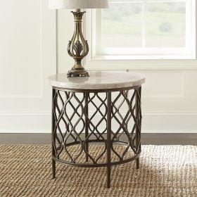 Roland End Table with Stone Top, Designer Fretwork Base, Natural Hue, Veining Variations and Bronze Base