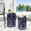 Set of 2, Blue Metal Side End Tables with Iron Cut Design and Cylindrical Structure
