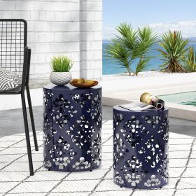 Set of 2, Blue Metal Side End Tables with Iron Cut Design and Cylindrical Structure