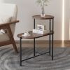 Walnut Brown 2 Tier Small Coffee Table, Round Top, Oval Bottom Wood Storage Shelf and X Shaped Metal Legs
