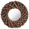 15.7" Teak Round Wall Mirror with Handwoven Tree Branches Frame and Mounting Hook