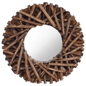 15.7" Teak Round Wall Mirror with Handwoven Tree Branches Frame and Mounting Hook