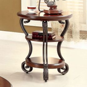 Traditional Style Brown Cherry End Table with Ornate Design, Open Bottom Shelf and Scroll Detail Metal Legs
