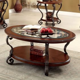 Traditional Style Cherry Brown Coffee Table with Open Bottom Shelf, Metal Scroll Design Legs, Oval Shaped and Glass Top