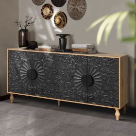 Black Sideboard Cabinet with Carved Symmetrical Design Doors and Adjustable Shelves