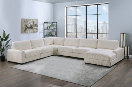 6 Piece Beige Welt Corduroy Modular Sectional Living Room Set with LAF Chair, Corner Wedge, RAF Chaise, and 3 Armless Chairs
