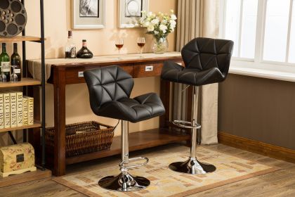 Set of 2, Black Diamond Tufted Bar Stools with Hydraulic Adjustable Height, Silver Chrome Base/Footrest and 360-Degree Swivel