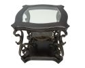 Square Beveled Glass Top End Table with Serpentine Metal Legs Attached to Marble Paper Top Middle Shelf