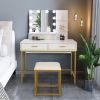 White Vanity Set with Makeup Table, 10 LED Bulbs, 3 Tone Light Settings, 3 Storage Shelves,, 2 Table Drawers and Cushioned Stool