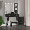 Black Vanity Set with Open Door Mirror Cabinet, 3 Tone Light Settings, 3 Cabinet Drawers, 2 Table Drawers and Stool