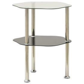 2-Tier Transparent & Black Side Table with Tempered Glass, Hexagon Shape, Open Bottom Shelf and 3 Metal Tube Legs