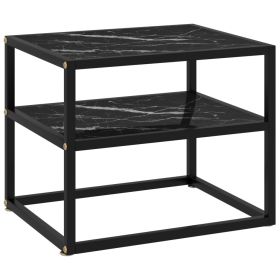 Black Side Table with Tempered Glass and Marble Textured Shelves