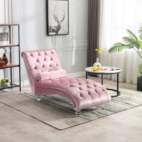 Coolmore Pink Velvet Chaise Lounge Chair with Button Tufted Upholstery, Matching Pillow and Lumbar and Hip & Leg Support Design
