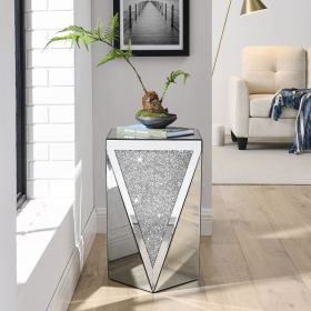 Inverted Triangular Silver Mirror Square Side End Table with Crushed Crystal Diamond Inlaid Design