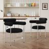 Set of 2, Black Upholstered Dining Chairs with Silver Metal Legs, Padded Seating, Padded Backrest and Armrests