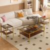 Set of 3, Coffee Table and 2 End Tables with Gray Tempered Glass, Open Bottom Shelves and Gold Legs