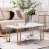 39.73” Simple Rectangular Double Layer Coffee Table, Gold Metal Legs, Faux Marble Top, Open Bottom Shelf and Adjustable Footpads