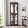 Lighted Glass Curio Display Storage Cabinet with 4 Tempered Glass Doors, Adjustable Glass Shelves and Vintage Carved Handles