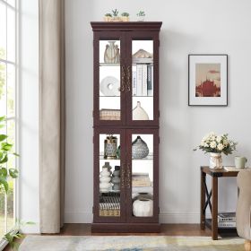 Lighted Glass Curio Display Storage Cabinet with 4 Tempered Glass Doors, Adjustable Glass Shelves and Vintage Carved Handles