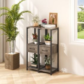 2 Piece 3 Tier Tall Metal Plant Display Stand with Drawer and Open Display Shelves