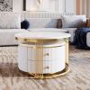 Modern 2 Piece White Round Nesting Coffee Table with 2 Drawers and Electroplated Gold Legs