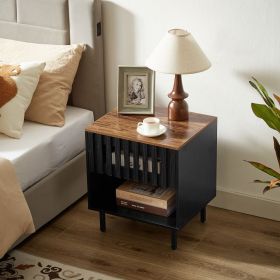 Set of 2 Nightstands with Grille Striped Slatted Drawer Design, Open Bottom Shelf and Metal Legs