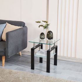 Square End Table with Clear Tempered Glass Top, Frosted Tempered Glass Bottom Shelf and Solid Black Metal Legs