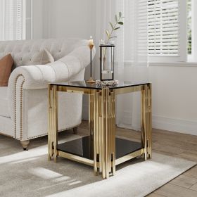 Ellen Collection Gold 2-Tier End Table with Irregular Cylindrical Stainless Steel Pipe Legs and Black Tempered Glass Top and Bottom