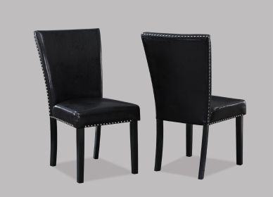 Set of 2 Black Faux Leather Dining Chairs with Tufted Nailhead Trim and Tapered Block Legs