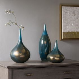 Set of 3, Madison Park Signature Handmade Aurora Blue and Bronze Decorative Glass Vases