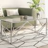 Silver Stainless Steel Coffee Table with Clear Tempered Glass Top and Protective Foot Pads