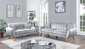 Light Gray Velvet Sofa and Loveseat Set with Tufted Vertical Lines, Curved Armrests and Pillows